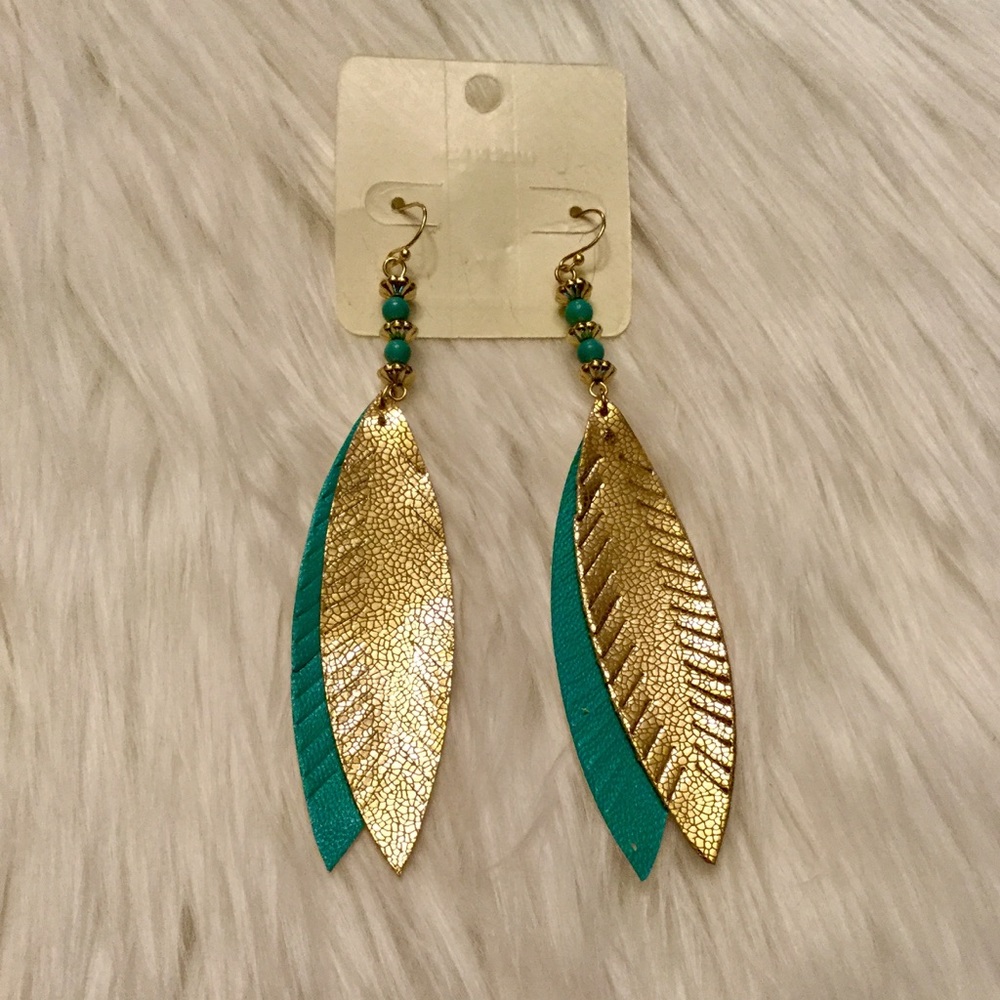 Faux Leather Double Feather Beaded Earrings